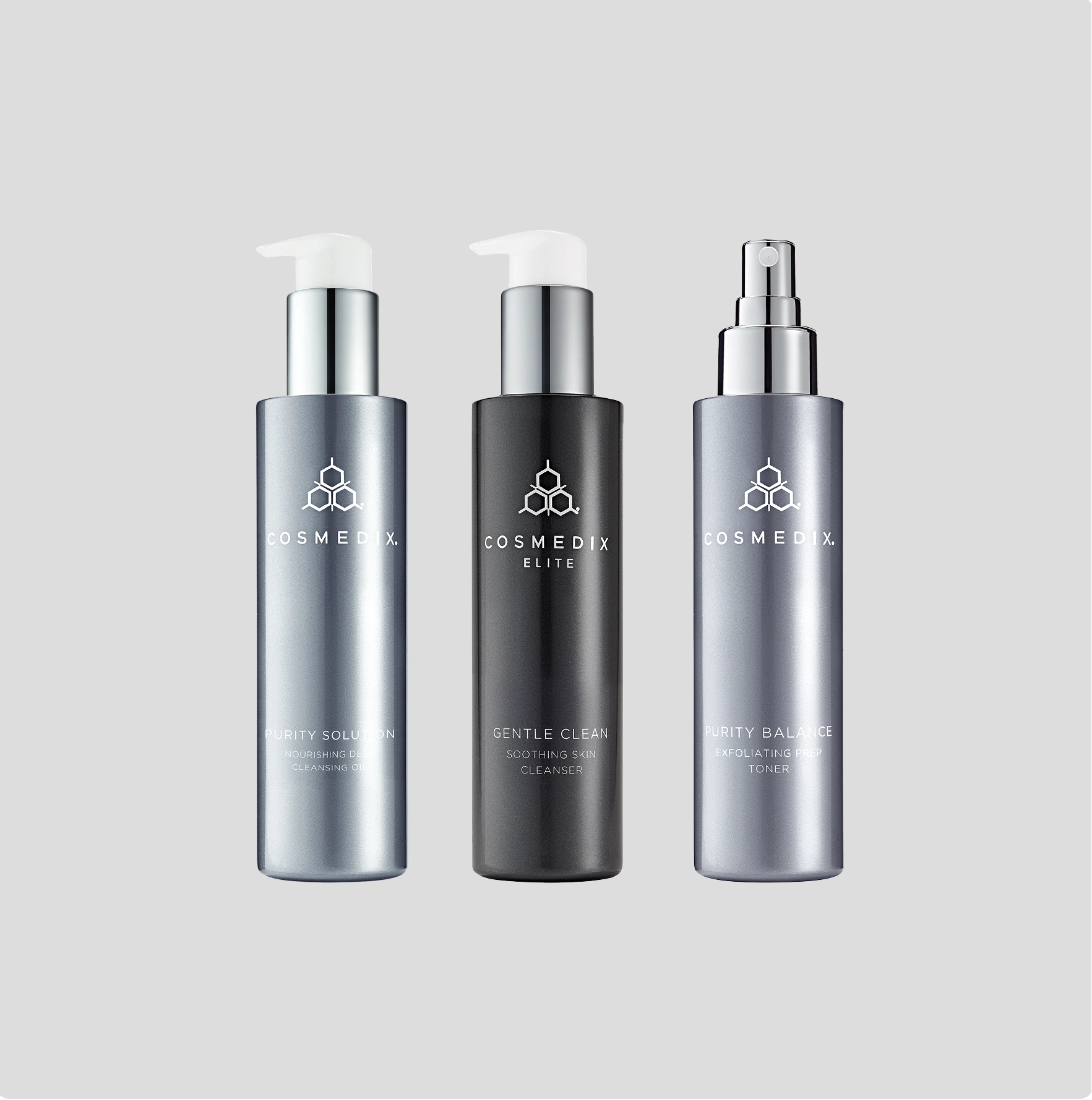 Purity Solution, Gentle Clean, and Purity Balance against light gray background