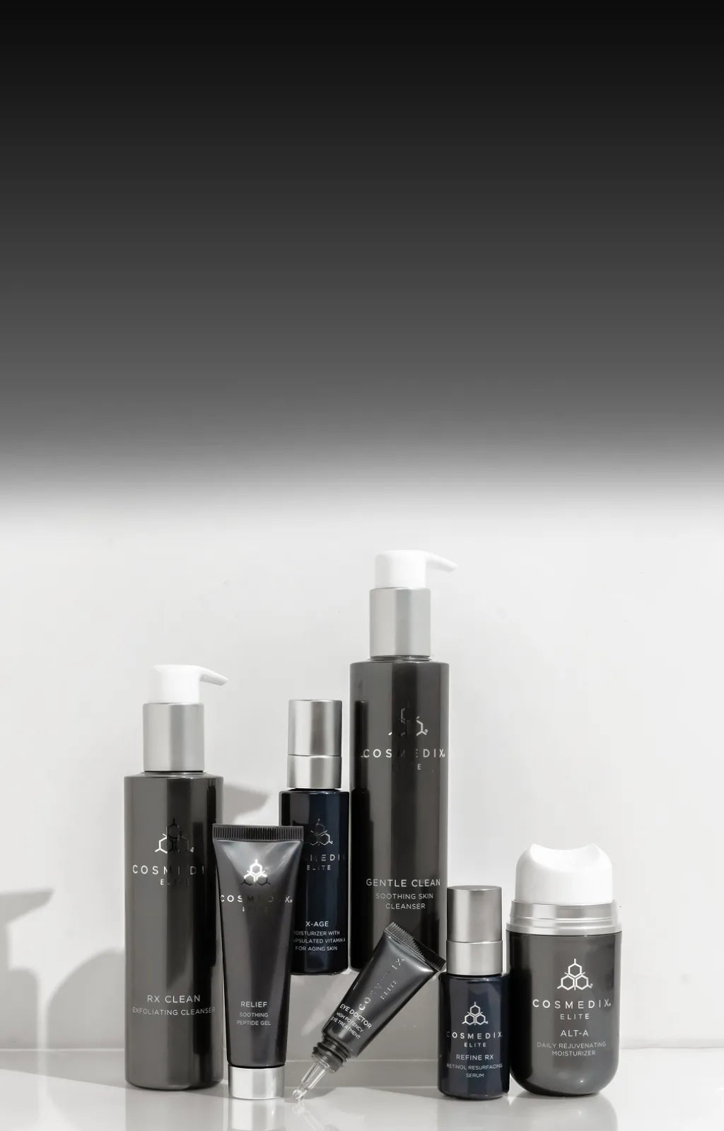 Elite product lineup against white and dark gray background gradient